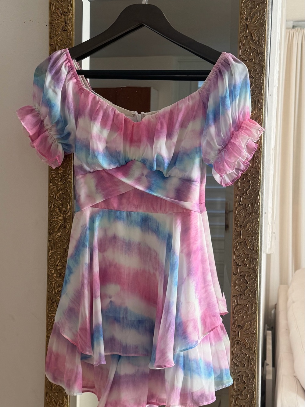 Luxxel Tie Dye Off Shoulder Ruffle Romper
Size S